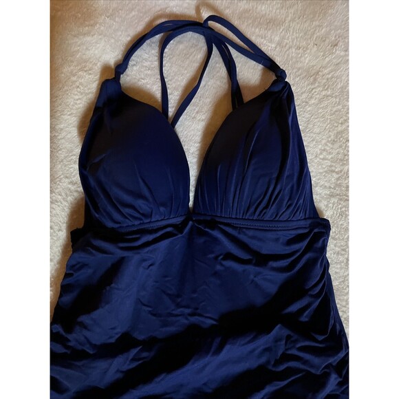 La Blanca Women's One Piece Size 6 Swimsuit Blue Low Cut Padded Gathered sides - Picture 3 of 7